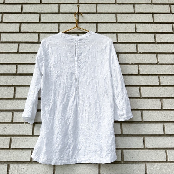 Kenar White 100% Linen Embroidered Tunic Top M V-Neck 3/4 Sleeve Boho Beach - Picture 8 of 8
